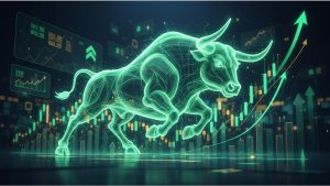 اسکرین پر KSE-100 انڈیکس اور پاکستان اسٹاک ایکسچینج کی عمارت