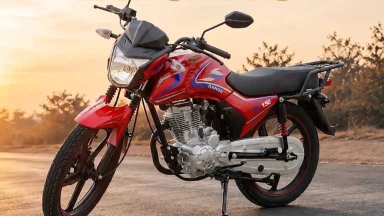 Hi‑Speed SR‑150 موٹرسائیکل سرخ رنگ میں، فرنٹ LED ہیڈلائٹ نمایاں