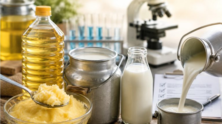 بازار میں رکھے پیک شدہ گھی، پیکڈ تیل اور دودھ کی بوتلیں