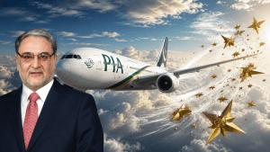 پاکستان انٹرنیشنل ایئر لائنز (PIA) کا لوگو اور ایئر لائن عملہ