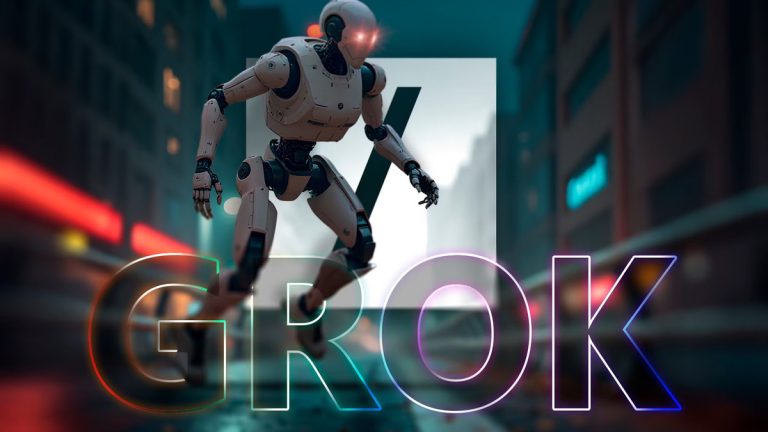 کمپیوٹر اسکرین پر SpaceXAI لوگو اور Grok Bot متعارف کروانے والا منظر