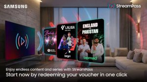 سام سنگ سمارٹ ٹی وی پر StreamPass انٹرفیس دکھاتا ہوا اسکرین