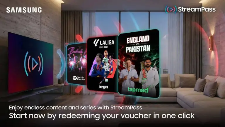سام سنگ سمارٹ ٹی وی پر StreamPass انٹرفیس دکھاتا ہوا اسکرین