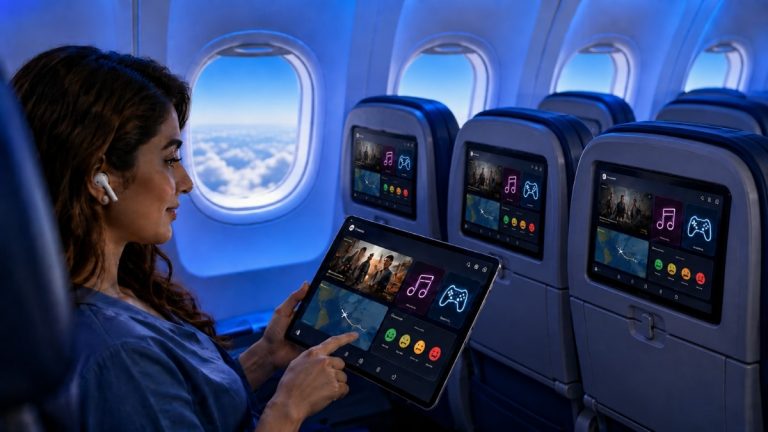 ایئر بلیو کے جہاز کے کیبن میں آن بورڈ انٹرٹینمنٹ سسٹم AirFlix کی نمائندہ تصویر