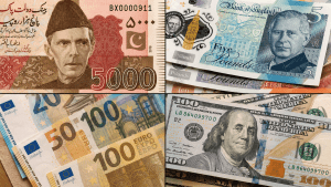 کرنسی نوٹس اور ڈیجیٹل اسکرین پر کرنسی ریٹس