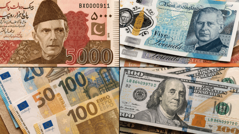 کرنسی نوٹس اور ڈیجیٹل اسکرین پر کرنسی ریٹس