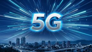 پاکستان میں 5G سیل ٹاورز اور اسمارٹ فون دکھاتا منظر