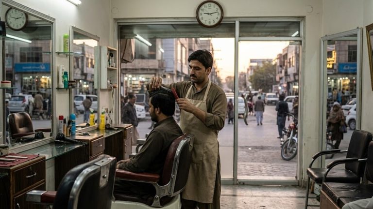 راولپنڈی یا اسلام آباد کا ایک سیلون اندر بیٹھے حجام اور گاہک کے مناظر