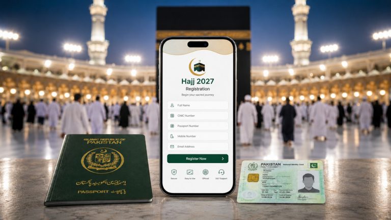 پاک حج پورٹل یا ایپ کی اسکرین جس پر آن لائن حج ادائیگی کی سہولت دکھائی گئی ہے