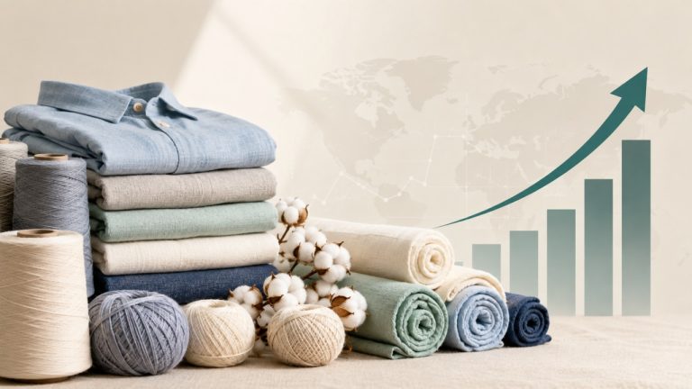 ٹیکسٹائل فیکٹری میں کپڑا سنبھالتے کارکنان اور مشینری کا منظر