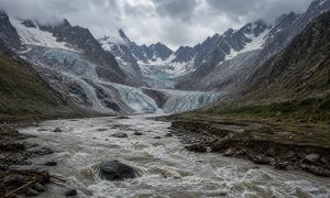 پہاڑی علاقوں میں بہتی ندی اور بارش کے بادلوں کی تصویر