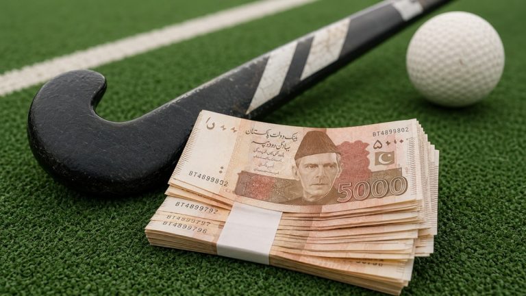 ہاکی کے کھلاڑی میدان میں مقابلہ کرتے ہوئے، پاکستان ہاکی فیڈریشن کا لوگو پس منظر میں