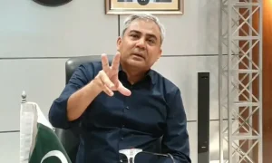 محسن نقوی لندن میں صحافیوں سے گفتگو کرتے ہوئے