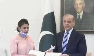 وزیراعظم شہباز شریف نرس رضیہ نورین سے وزیراعظم ہاؤس اسلام آباد میں ملاقات کر رہے ہیں