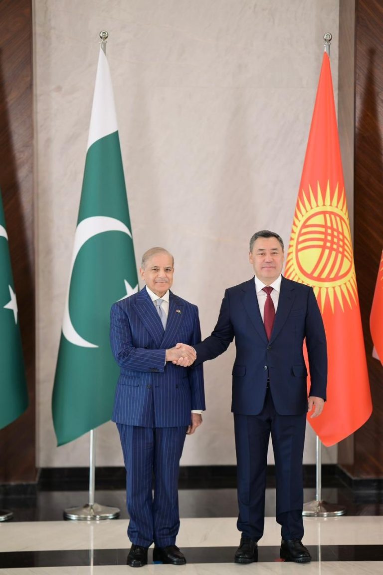 وزیراعظم شہباز شریف اور صدر سادیر جاپاروف بیشکیک میں گفتگو کرتے ہوئے