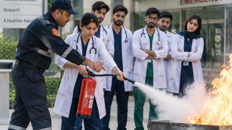 ہسپتال میں آگ سے حفاظت کی مشق کے دوران طبی عملے کو تربیت دیتے ہوئے