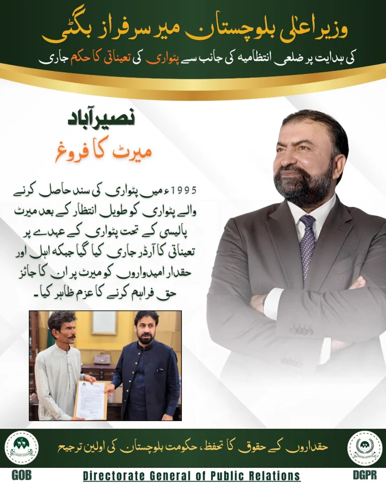 سرکاری نوٹیفیکیشن جس میں نصیرآباد میں پٹواری تعیناتی کا حکم درج ہے