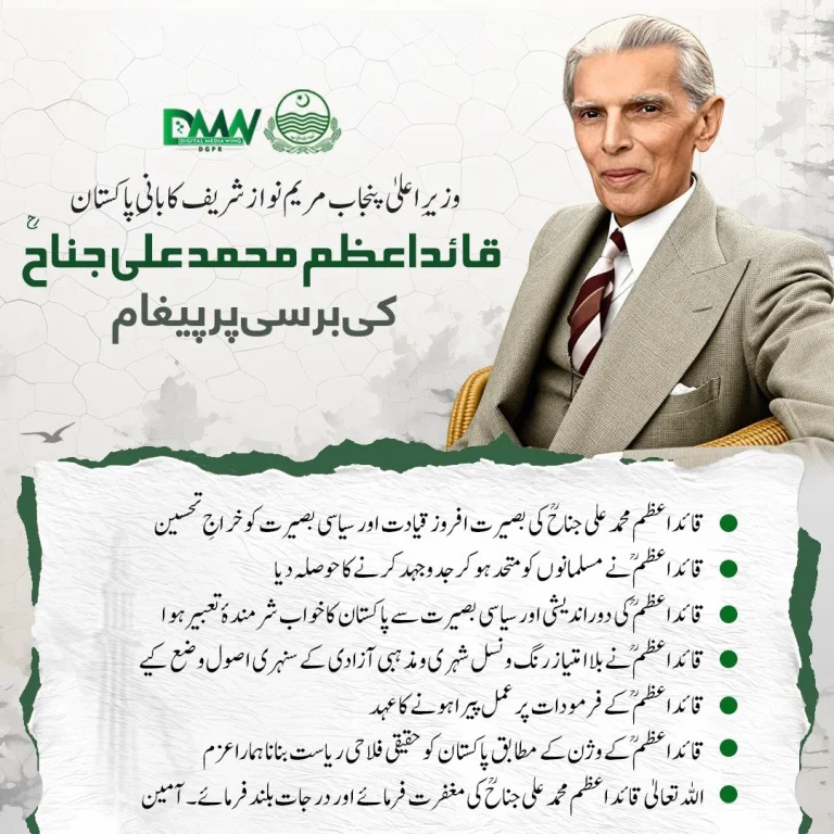 وزیراعلٰی پنجاب مریم نواز شریف کی بانیِ پاکستان قائداعظم محمد علی جناح کی برسی پر پیغام کی تصویر