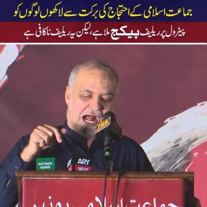 جماعت اسلامی کے احتجاج کی نمائندگی کرتے لوگ، پلے کارڈز کے ساتھ