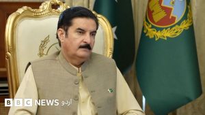 گورنر فیصل کریم کنڈی کا پورٹریٹ، مائیک کے سامنے بیان دیتے ہوئے