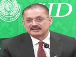 شرجیل میمن پریس کانفرنس میں بات کر رہے ہیں