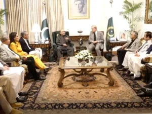صدر اسف علی زرداری اور وزیرِ اعظم شہباز شریف آئوانِ صدر میں ملاقات کرتے ہوئے