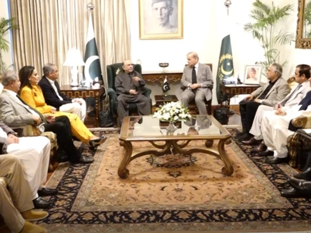 صدر اسف علی زرداری اور وزیرِ اعظم شہباز شریف آئوانِ صدر میں ملاقات کرتے ہوئے