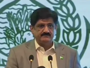 سکھر میں میڈیا سے بات کرتے ہوئے سندھ وزیرِ اعلیٰ مراد علی شاہ