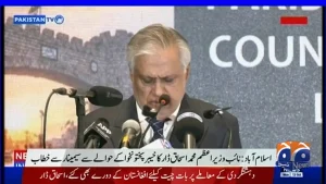 نائب وزیراعظم اسحاق ڈار کا بیان دیتے ہوئے تصویری منظر