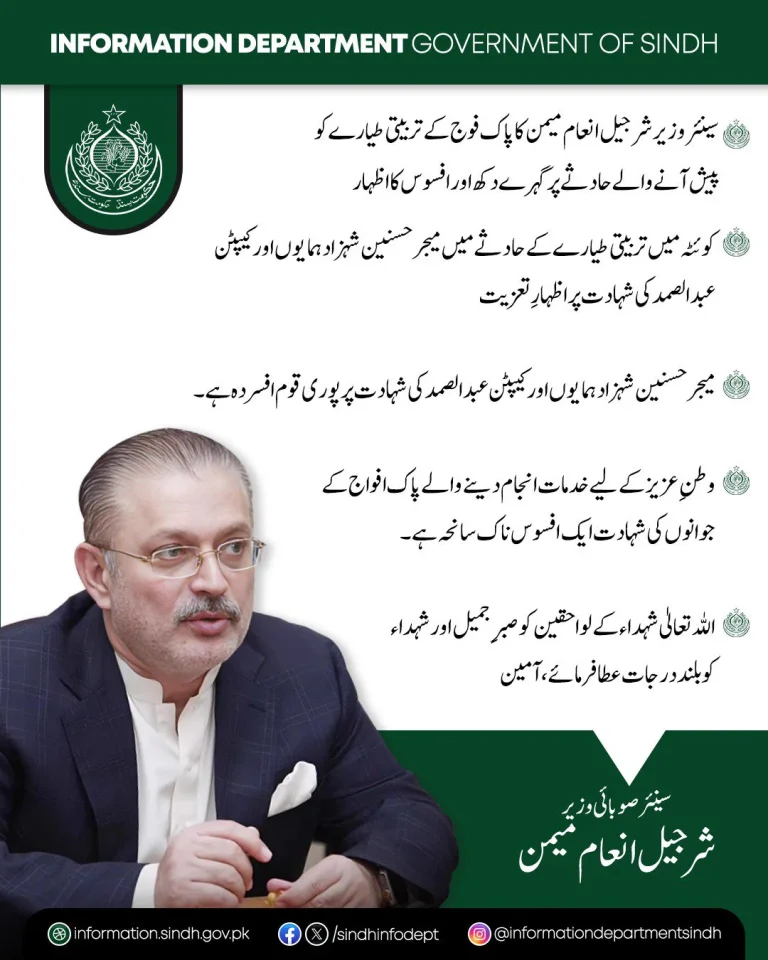 شرجیل انعام میمن کا کوئٹہ طیارہ حادثے پر تعزیتی بیان