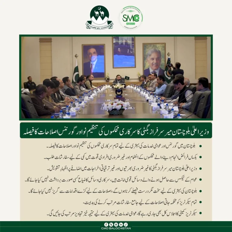 وزیر اعلیٰ بلوچستان، میر سرفراز بگٹی کی سرکاری محکموں کی تنظیم نو اور گورننس اصلاحات کے اعلان پر تقاریر دیتے ہوئے