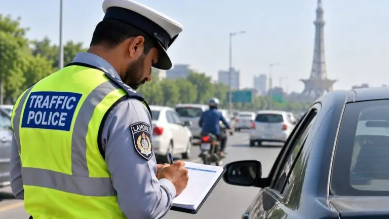 لاہور ٹریفک پولیس گاڑی اور ٹریفک افسران